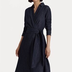 Ralph Lauren DENIM LONG SLEEVE MIDI BELTED DRESS Dark Rinse Wash With Pockets 0
